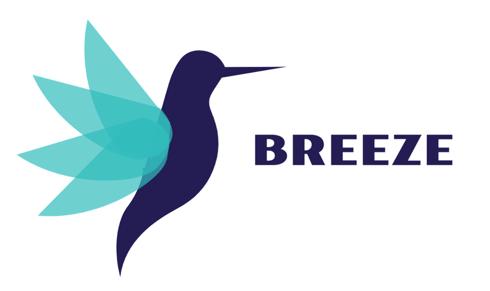 the Breeze logo, a dark blue hummingbird looking right with skyblue wings
